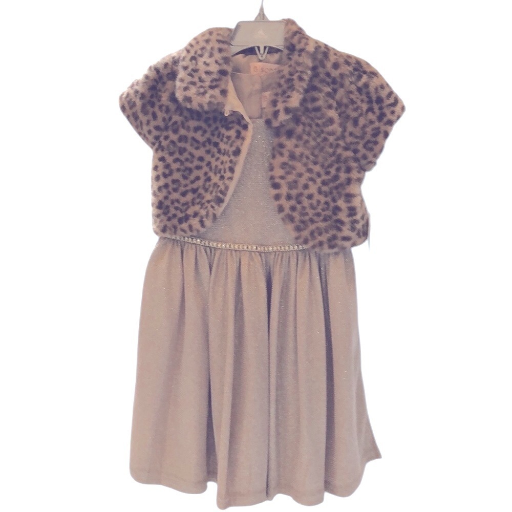 NWT BISCOTTI 2pc set Gold Sparkly Embellished Dress faux fur jacket Girls 6